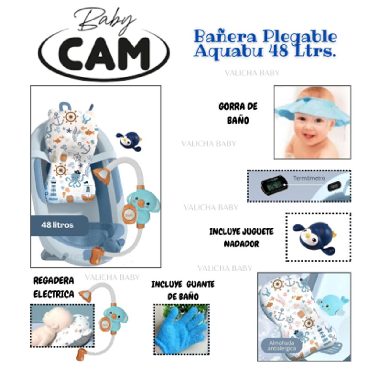 CAM - BAÑERA  AQUABU 48 Ltrs  TERMÒMETRO Y REGADERA ELECTRICA -AZUL