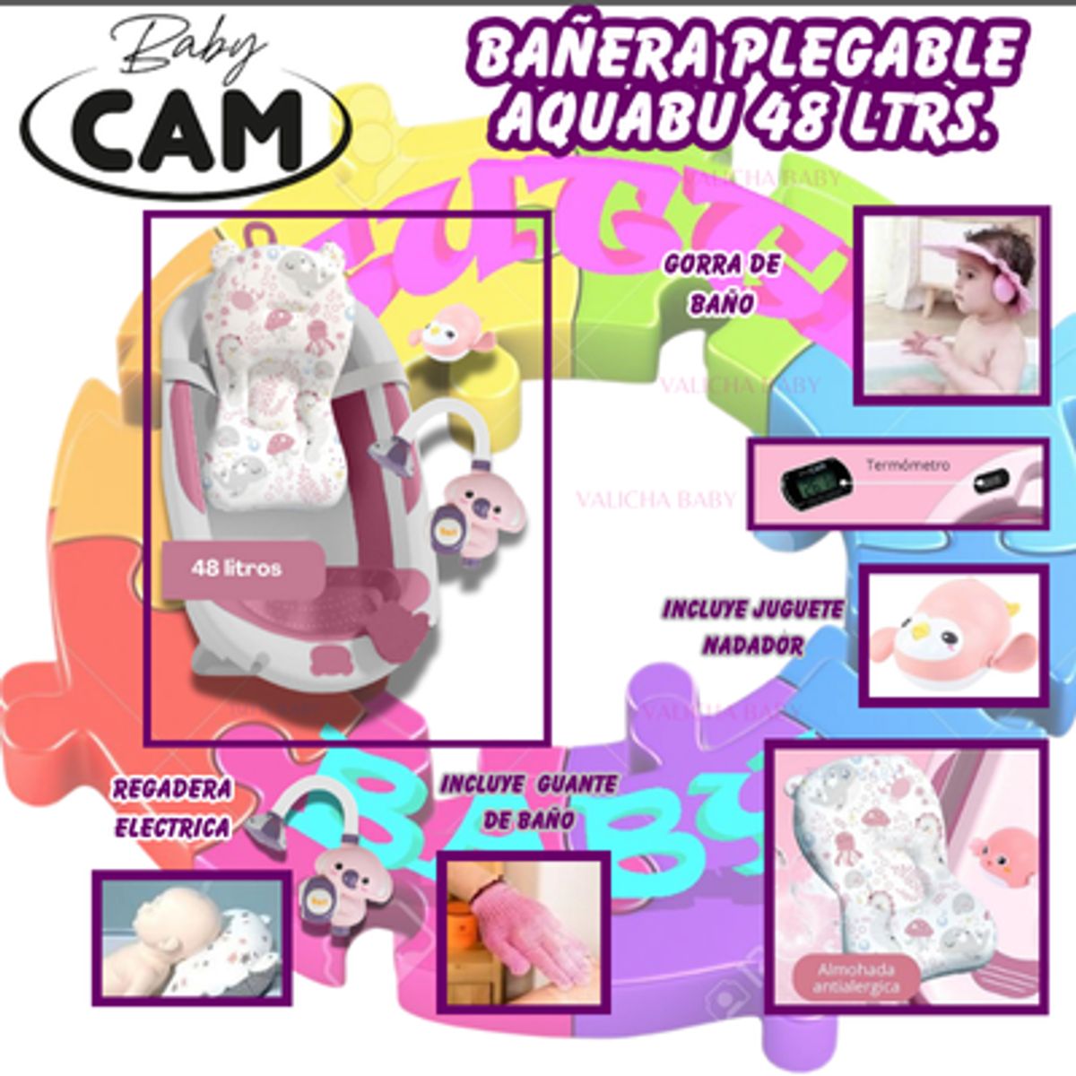 GENERICO - BAÑERA  AQUABU 48 Lt TERMÒMETRO Y REGADERA ELECTRICA -ROSADO