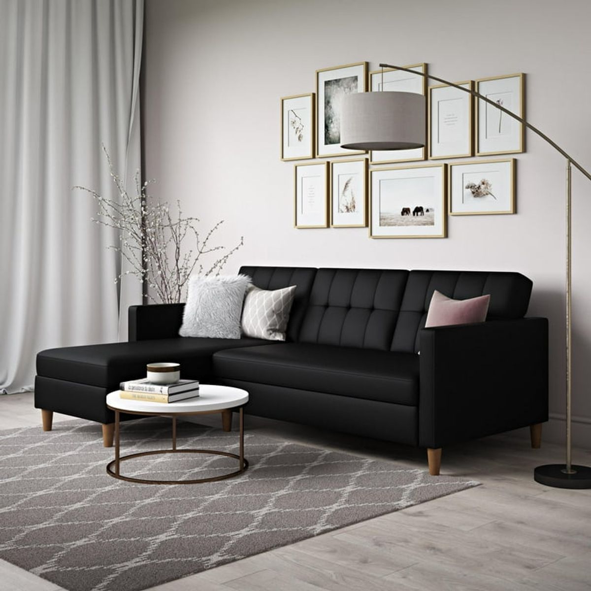 ARTSOFA - Sofá Seccional Hatford negro tela tejida 2 piezas + baúl