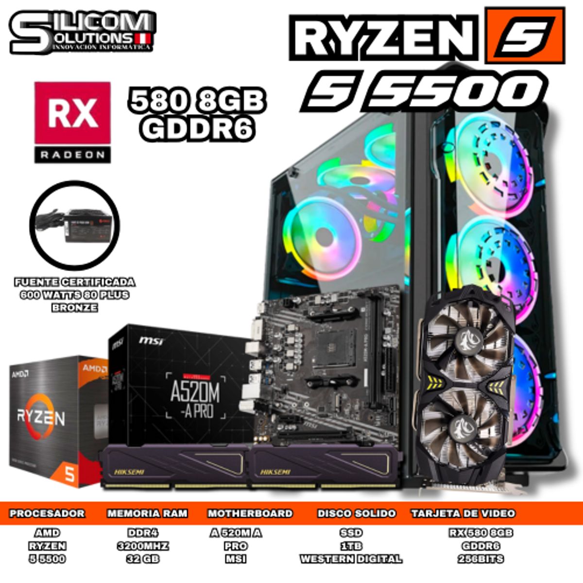 AMD - PC GAMER AMD RYZEN 5 5500 32GB RAM SSD 1TB TARJETA DE VIDEO 8GB
