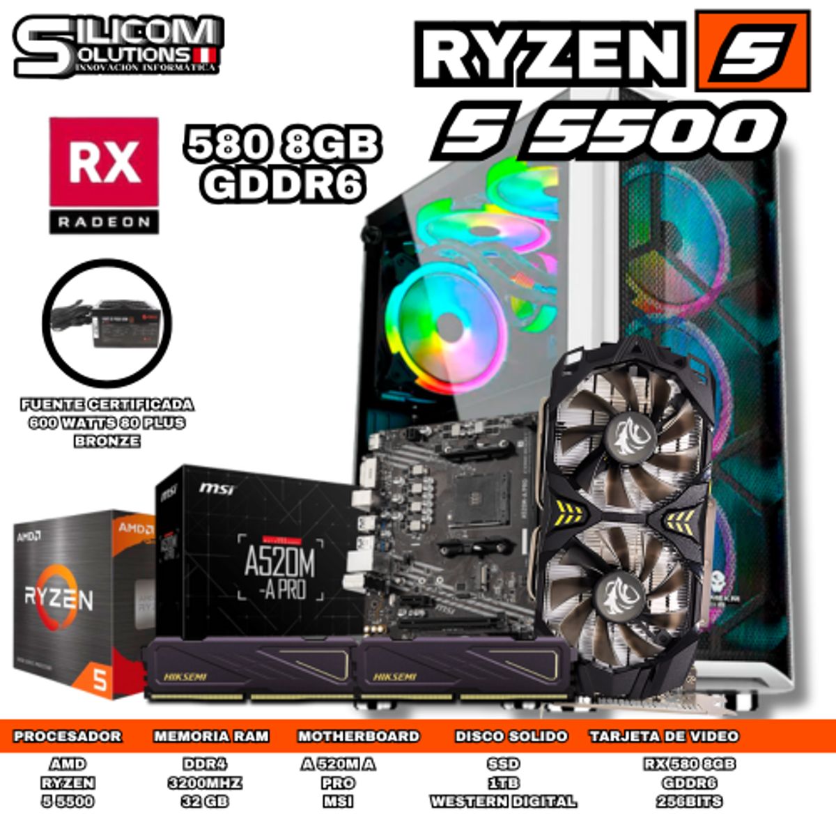 AMD - PC GAMER AMD RYZEN 5 5500 32GB RAM SSD 1TB T DE VIDEO 8GB