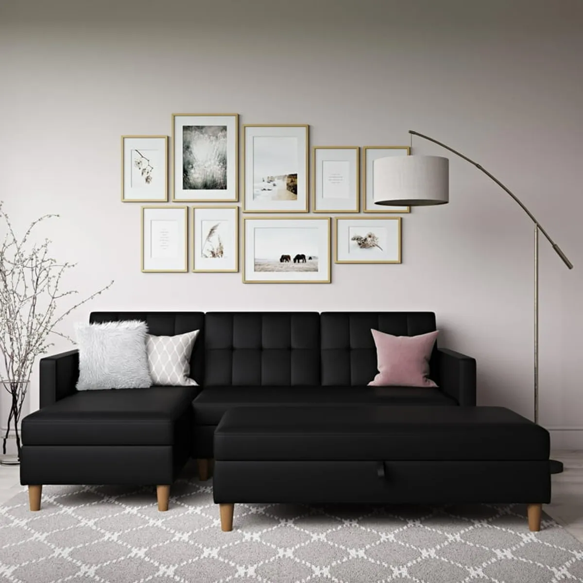 ARTSOFA - Sofá Seccional Hatford negro cuero pranna 2 piezas + baúl