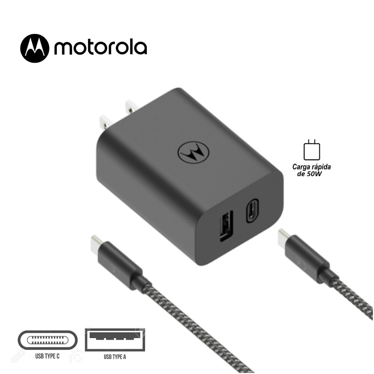 MOTOROLA - Cargador de Pared DoblePuerto UsbC y UsbA C-Rapida T-Power50W