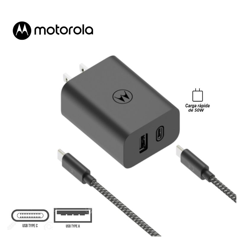 MOTOROLA - Cargador de Pared DoblePuerto UsbC y UsbA C-Rapida T-Power50W