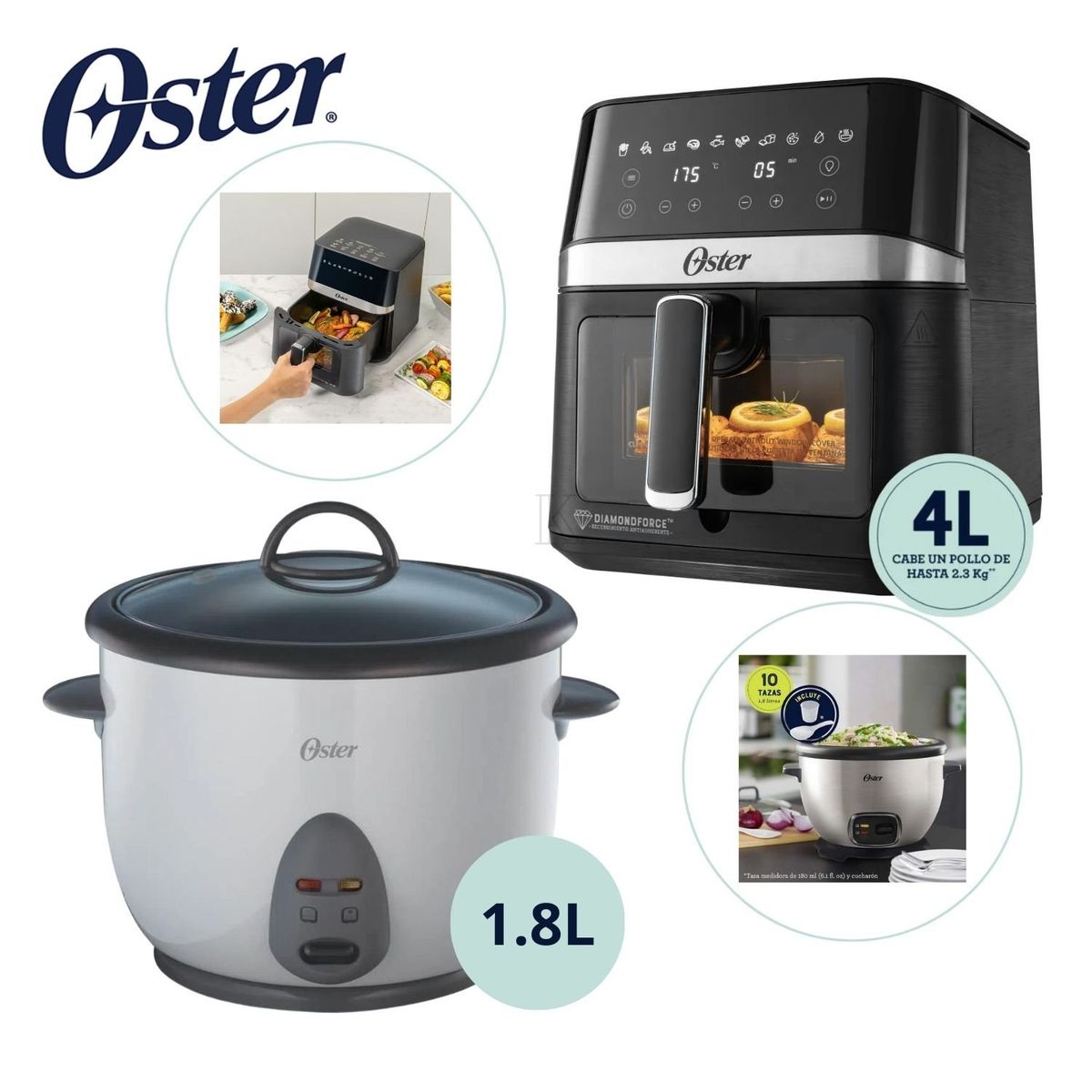 OSTER - Combo Oster Freidora de Aire Digital de 4 Lts + Olla Arrocera 1.8 Lts
