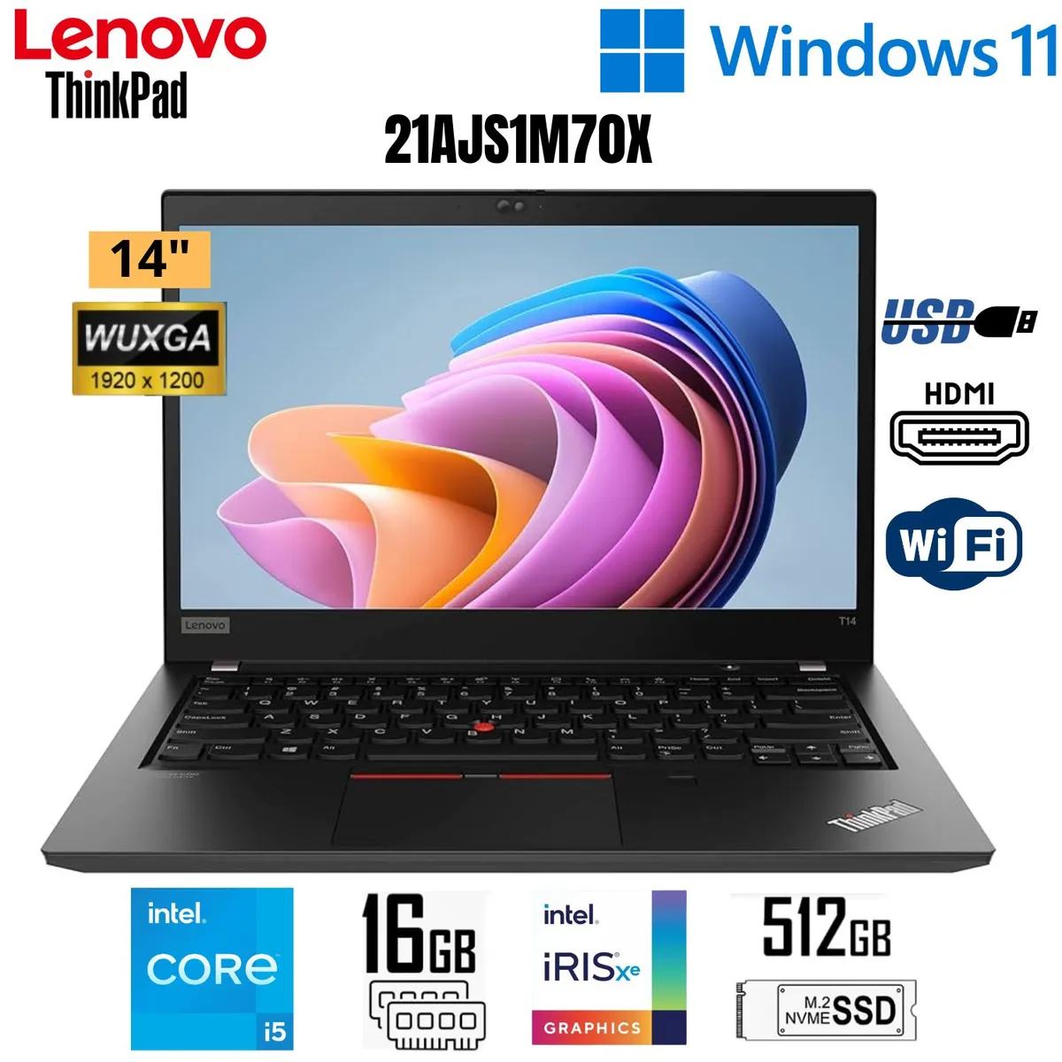 LENOVO - Laptop LENOVO THINKPAD T14 GEN3 21AJS1M70X INTEL CORE I5 16GB RAM 512GB SSD 14” WUXGA WINDOWS 11 PRO