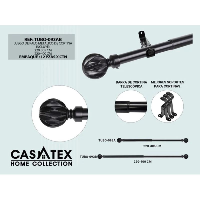 CASATEX - Set tubo metálico negro para cortina 220-400cm CASATEX