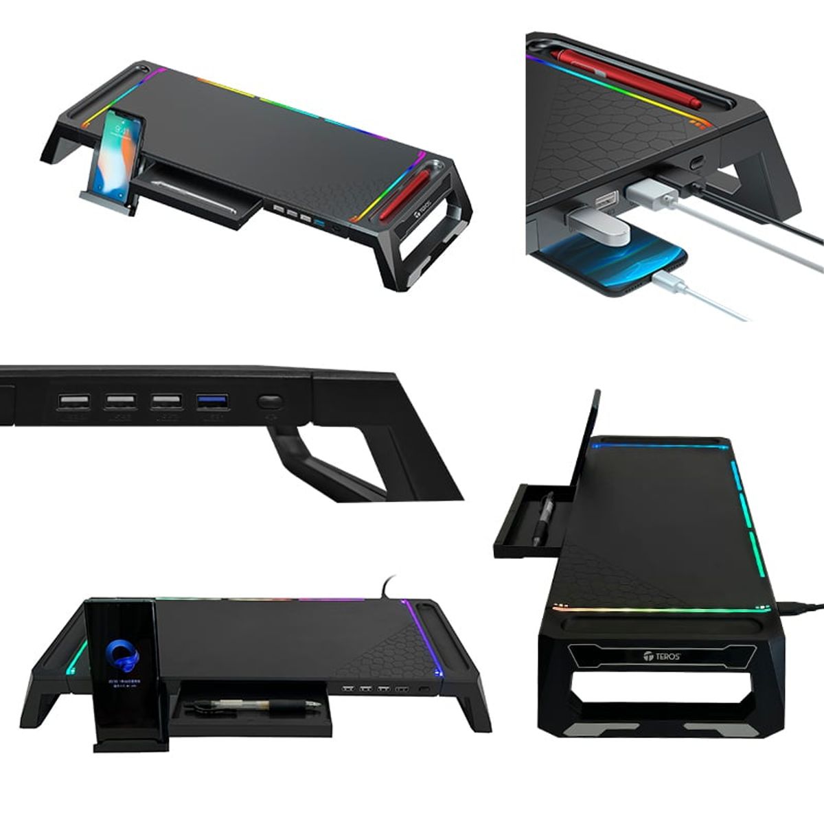 TEROS - STAND PARA MONITOR RGB MULTIPROPÓSITO TEROS TE-7131N, 4 PUERTOS USB