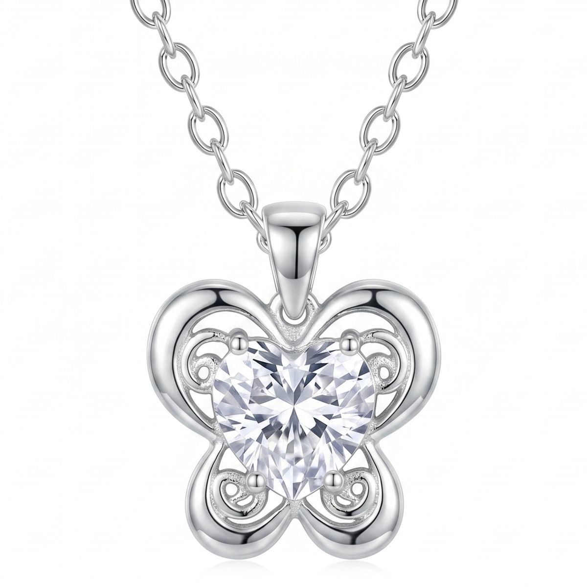 KARMY - Collar Mujer Mariposa Corazón Blanco Joya Regalo Novia Plata