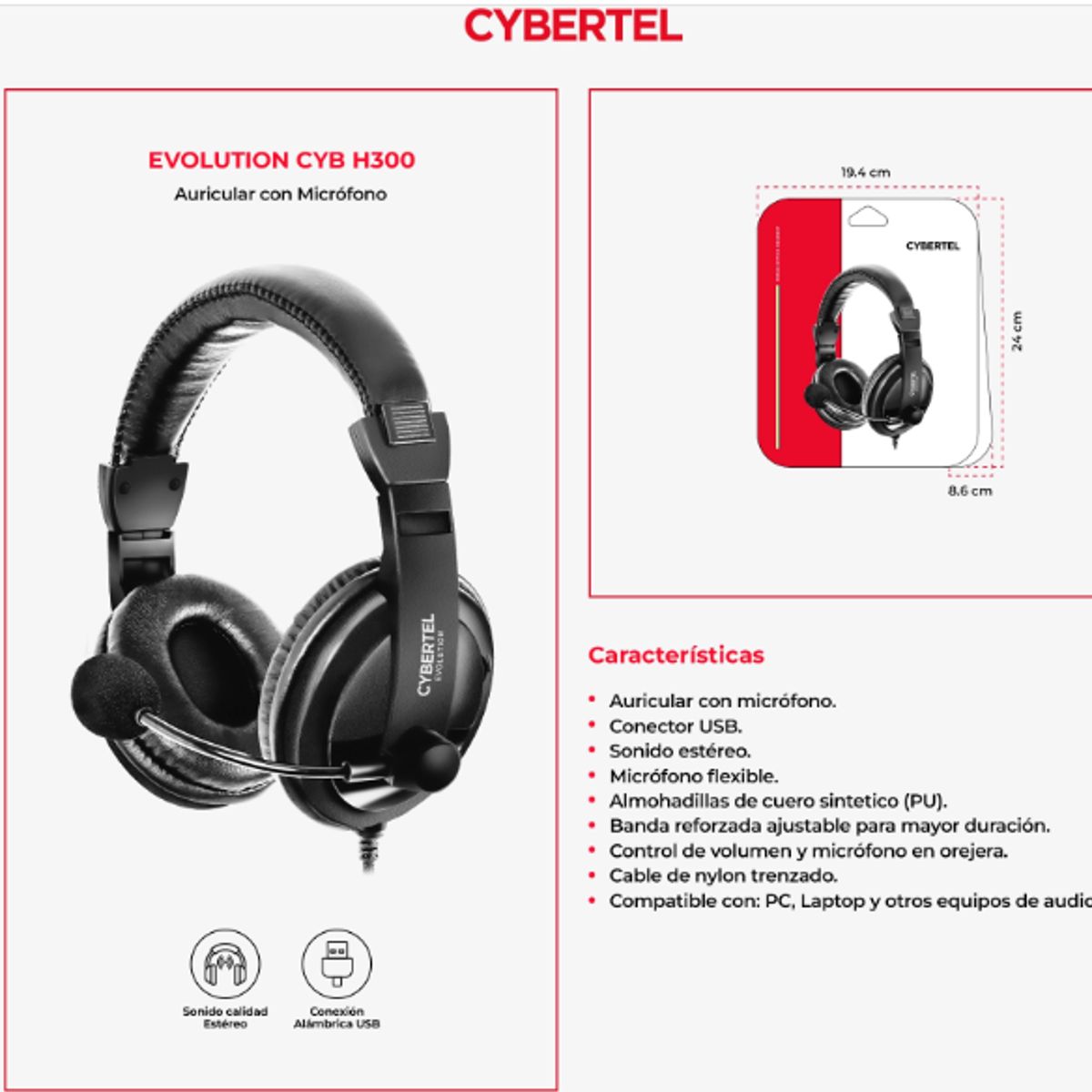 CYBERTEL - Audífonos con Micrófono EVOLUTION CYB H300 USB Cable Nylon CYBERTEL