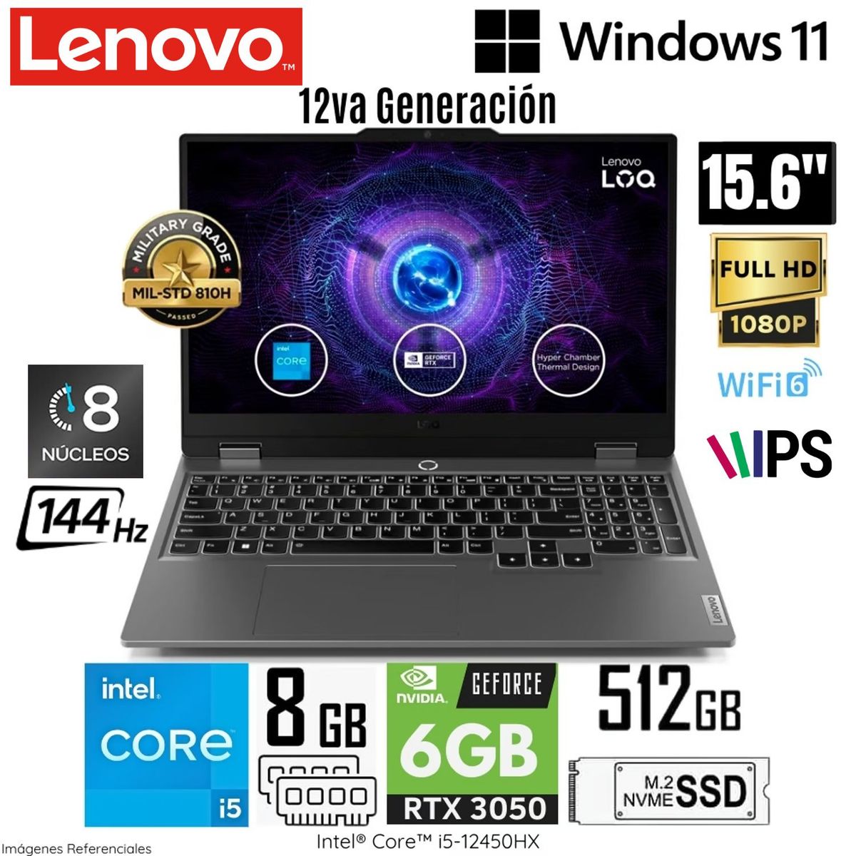 LENOVO - Laptop Lenovo LOQ 15IAX9 Intel Core i5-12450HX 8GB RAM 512GB SSD 15.6"  FHD RTX3050-6GB 83GS000BLM