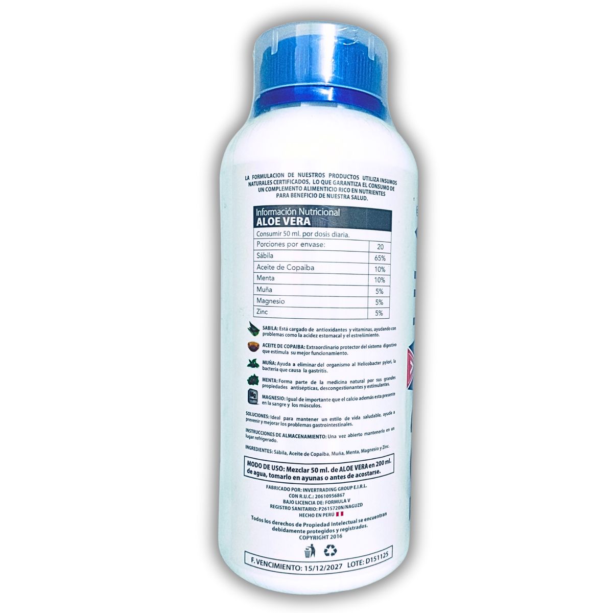 GENERICO - 1 LITRO EXTRACTO DE ALOE VERA CON COPAIBA MUÑA MENTA MG ZINC FORMULA V