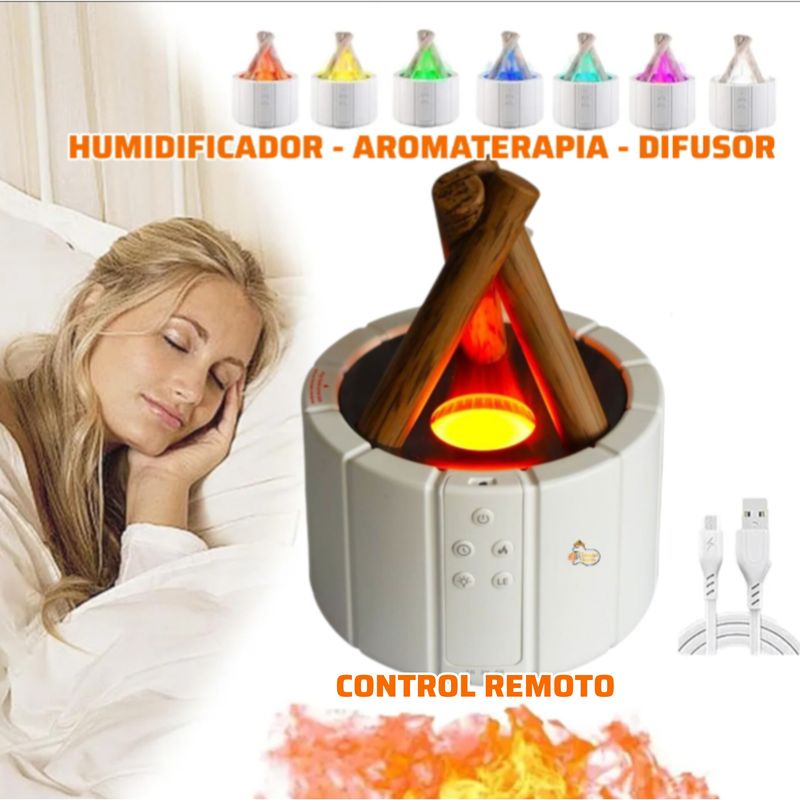 NICE - Humidificador Aromaterapia y Difusor FOGATA  Control Remoto  Blanco