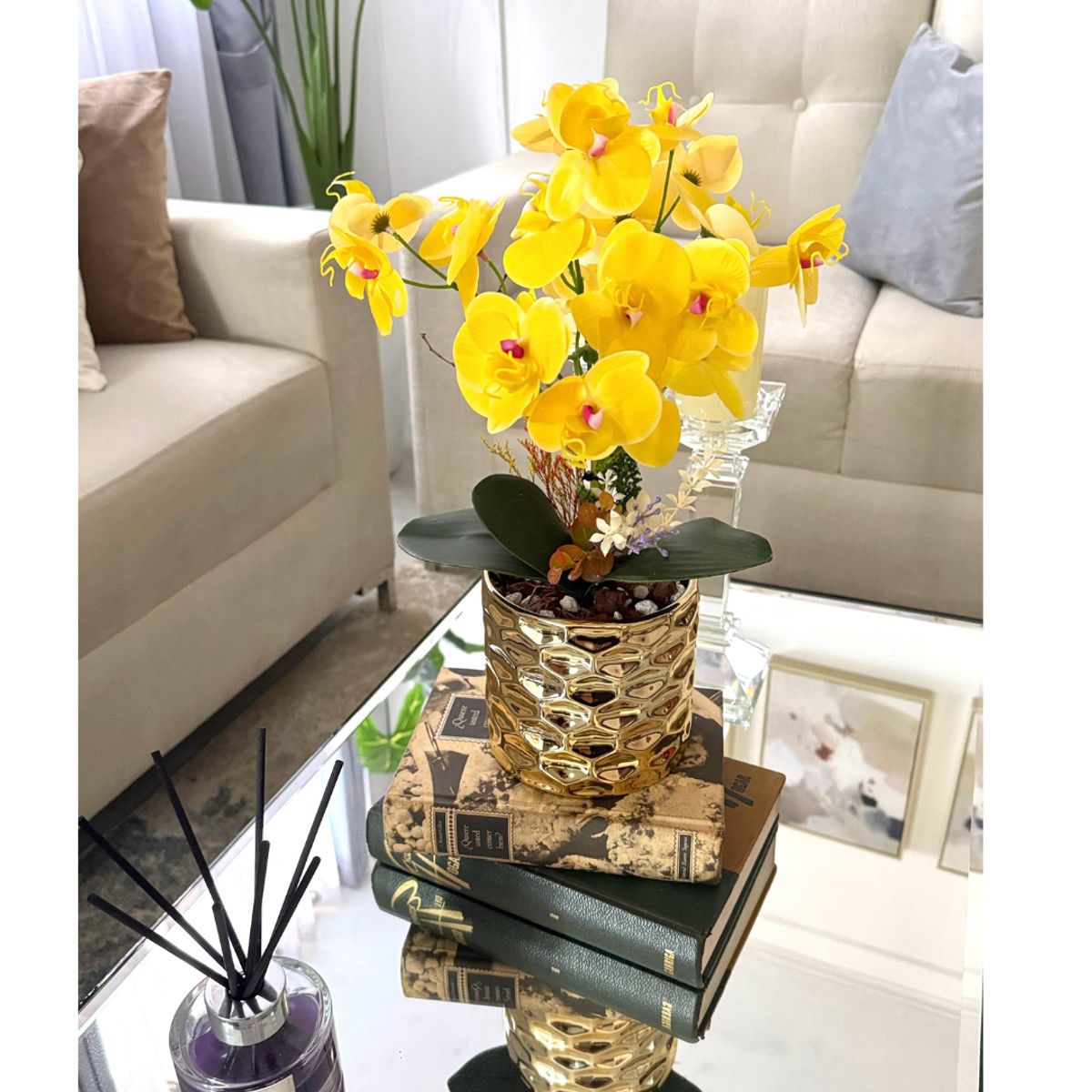 GENERICO - ORQUIDEAS AMARILLAS BASE DORADA CROMADA 45X20