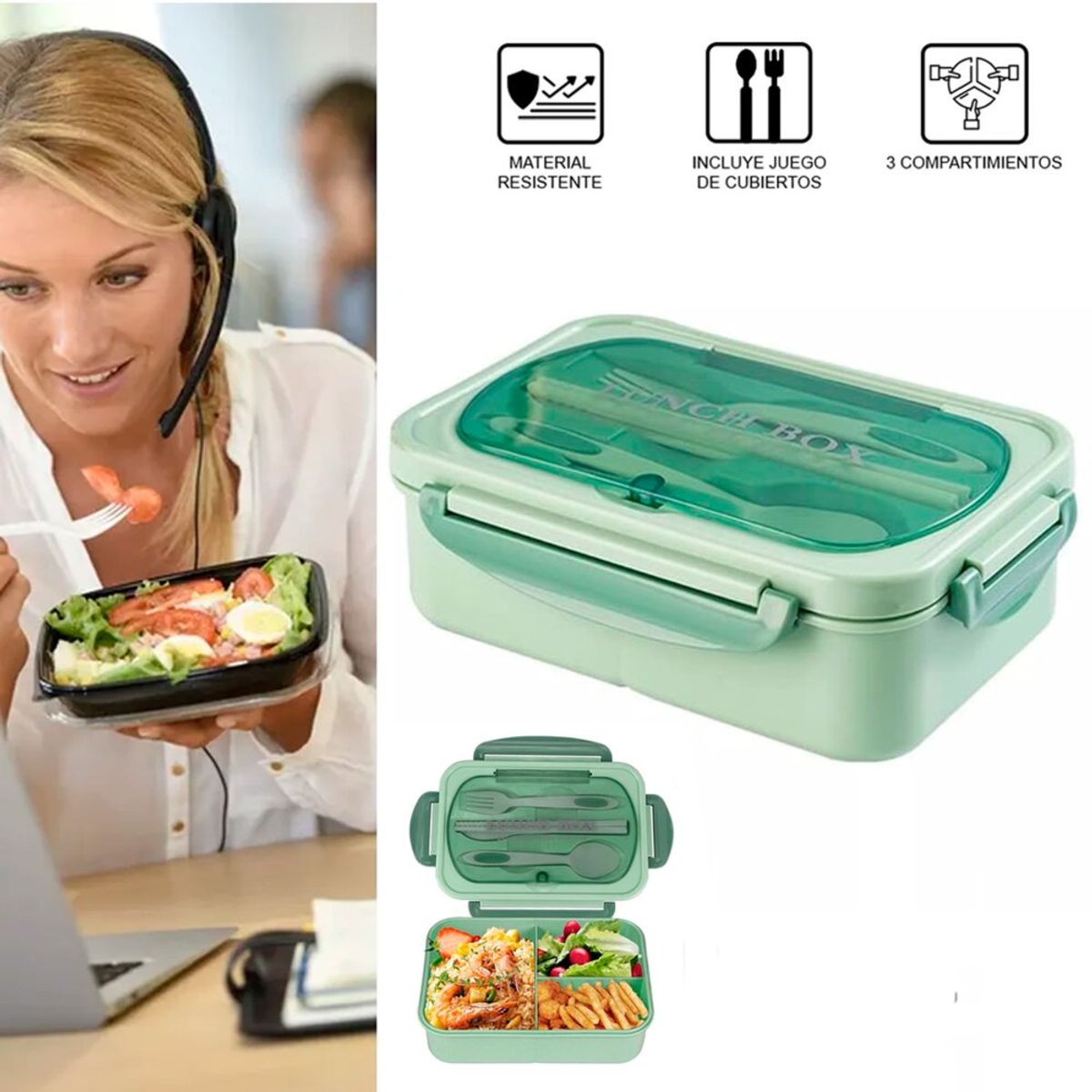 GENERICO - Lonchera Taper Portátil Hermética de Alimentos + Cubiertos Easy&Home Verde