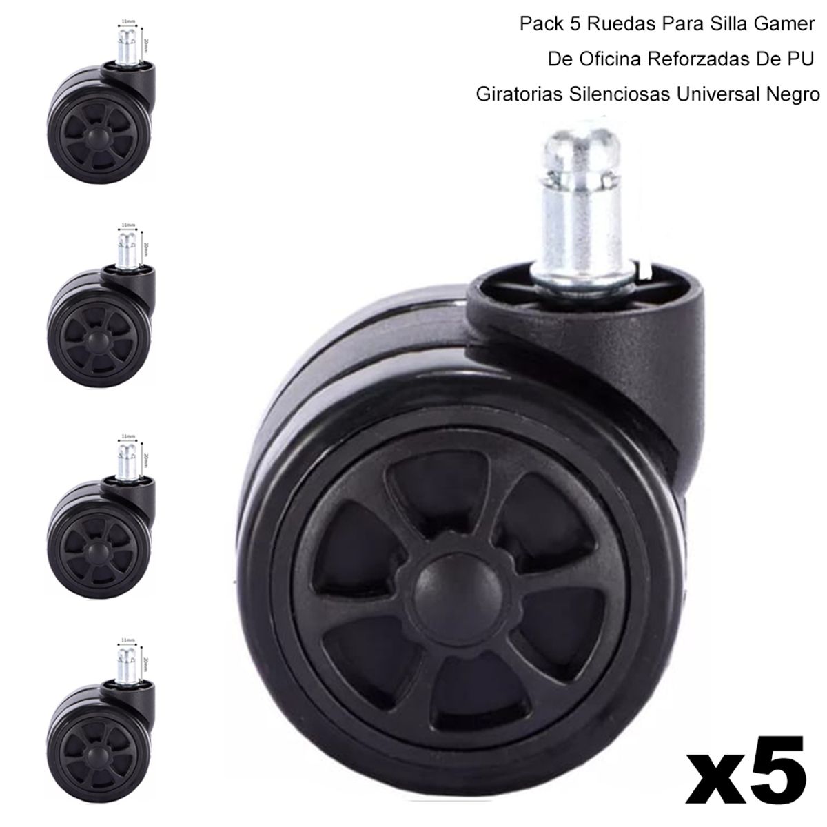 DREIZT - Pack 5 Ruedas Para Silla Gamer De Oficina Giratorias Universal Negro