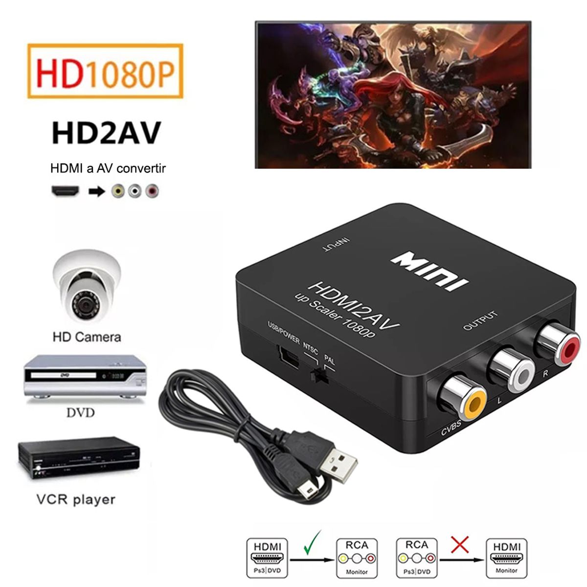 GENERICO - Convertidor Adaptador HDMI a AV RCA 1080p Full HD Video Negro