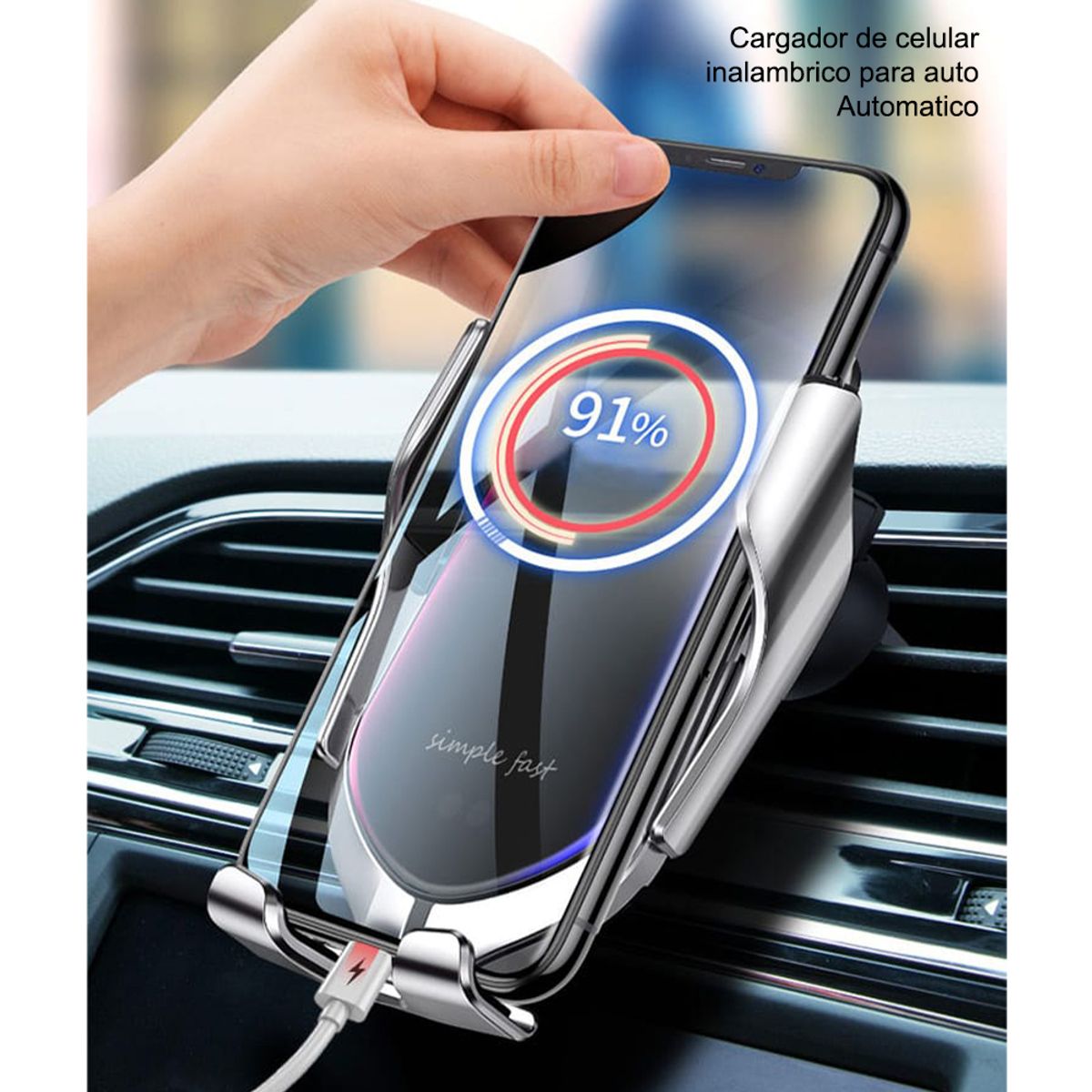 GENERICO - Cargador Inalámbrico Automático de Celular para Auto Plateado