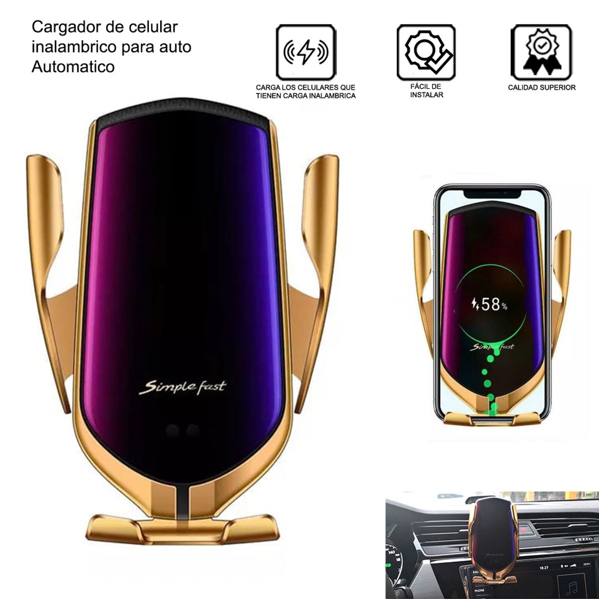 GENERICO - Cargador Inalámbrico Automático de Celular para Auto Dorado