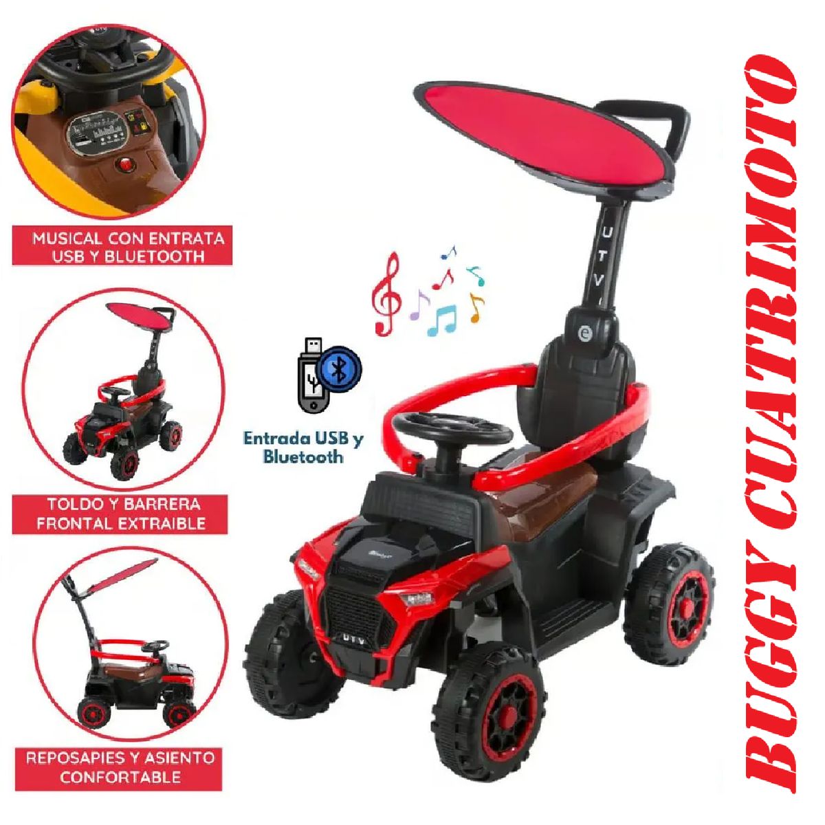 EBABY - Bugui Cuatrimoto Tractor Bluetooh Musical con Luces-Rojo