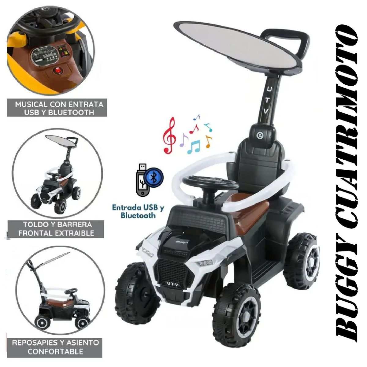 EBABY - Bugui Cuatrimoto Tractor Musical con Luces y Sombrilla -Blanco