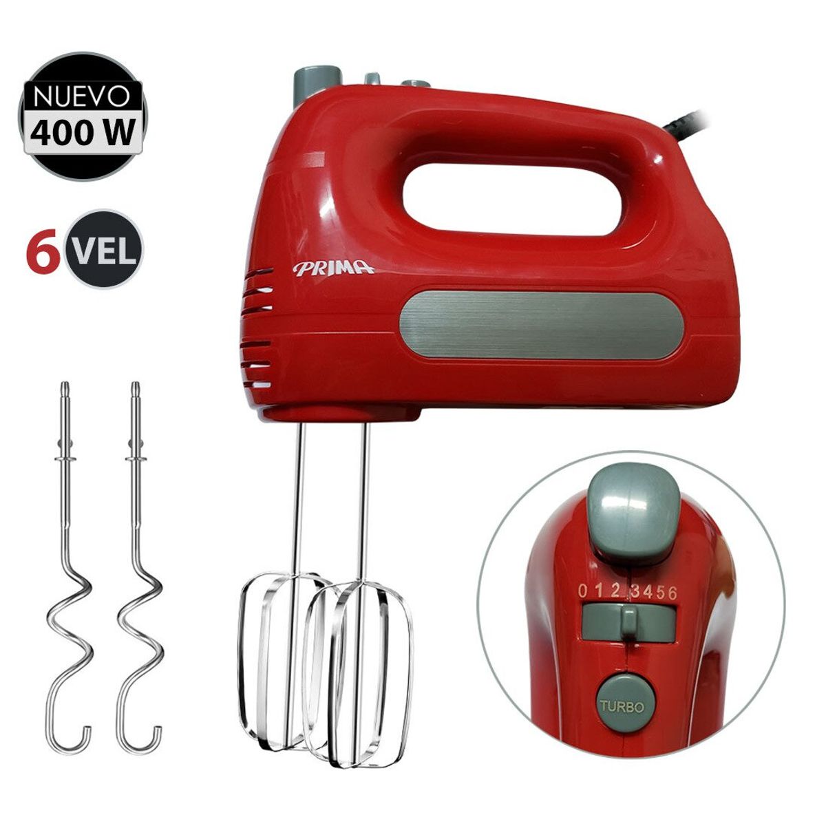 PRIMA - Batidora de Mano 400 Watts 6 Velocidades HM9105E-GSB Rojo