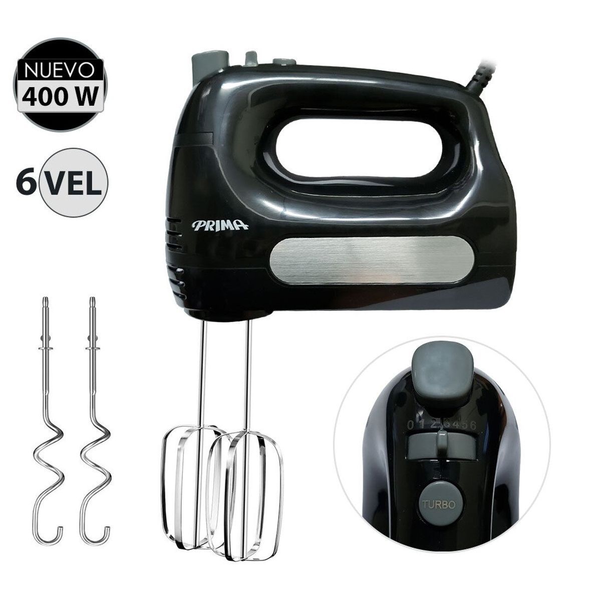PRIMA - Batidora de Mano 400 Watts 6 Velocidades HM9105E-GSB Negro