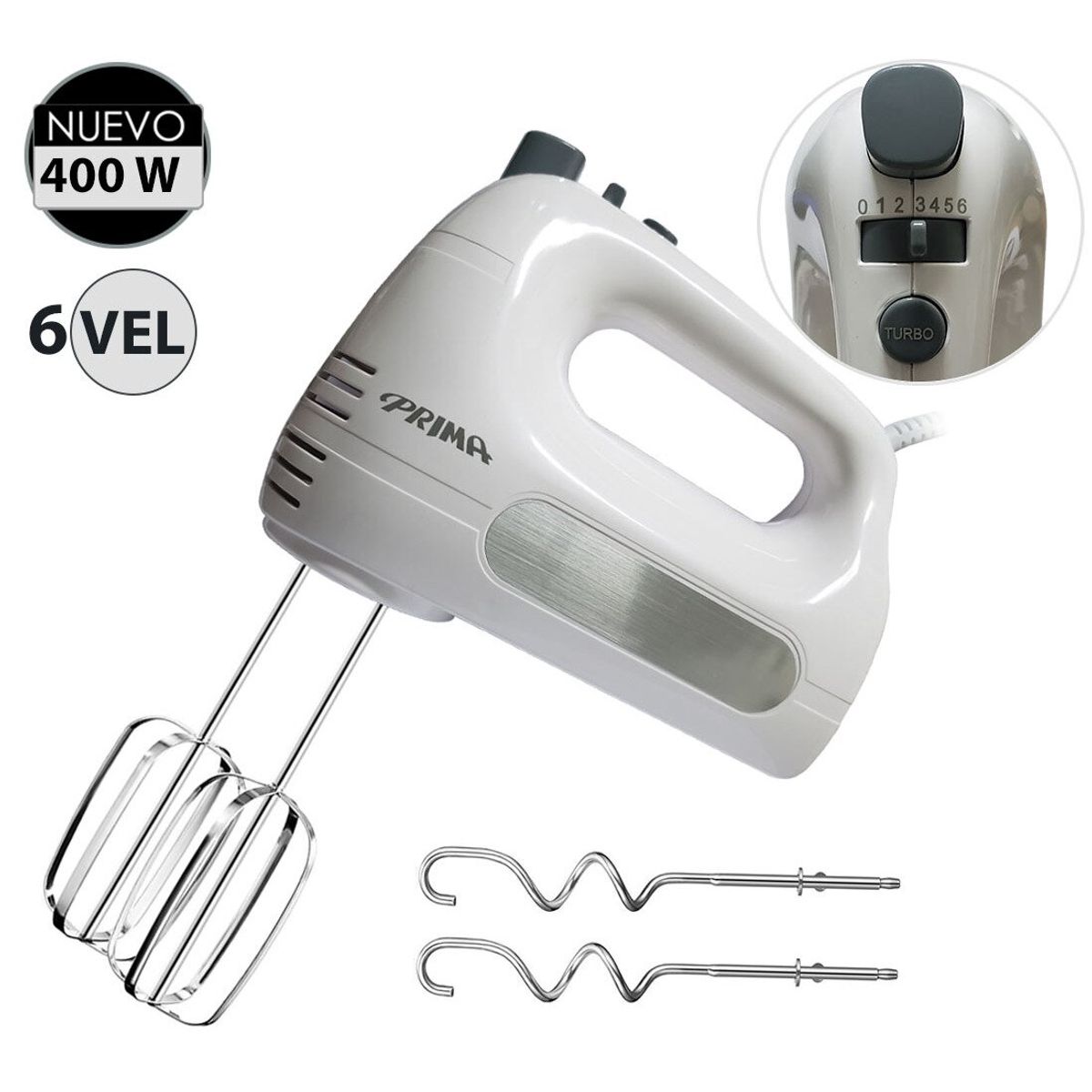 PRIMA - Batidora de Mano 400 Watts 6 Velocidades HM9105E-GSB Blanco