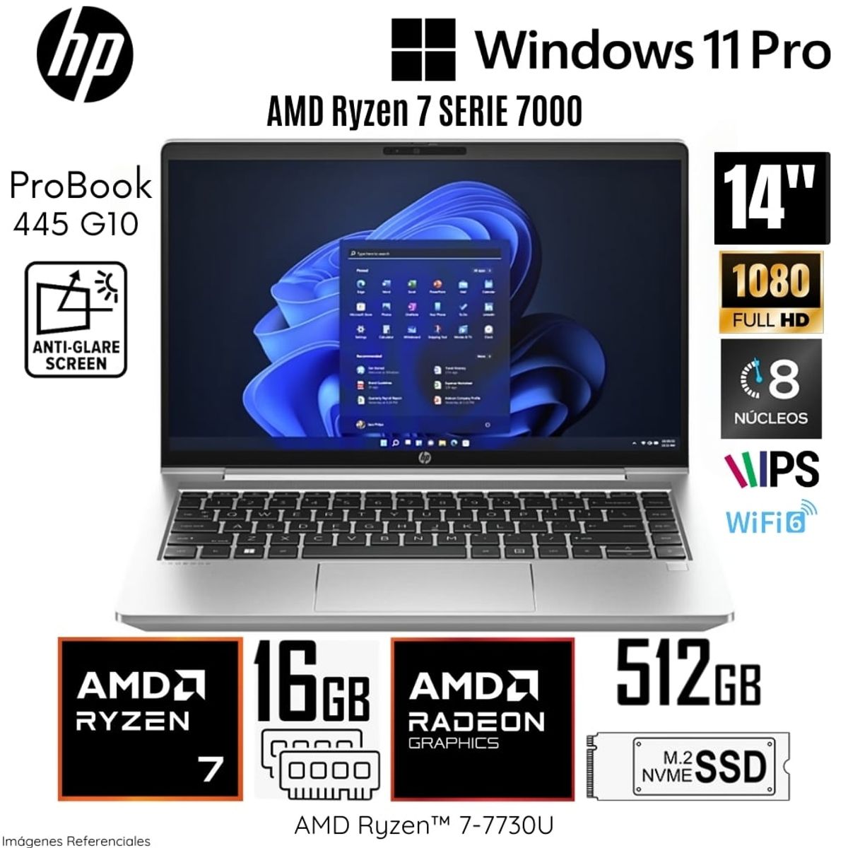 HP - Laptop HP ProBook 445 G10 AMD Ryzen 7-7730U 16GB RAM 512GB SSD 14" FHD Windows 11 Pro - 9S640LA