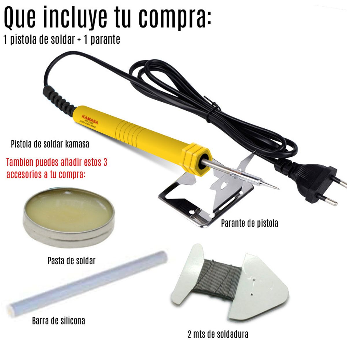 KAMASA - Cautin Pistola Soldar + Soporte + Soldadura Estaño + Pasta + Silicona