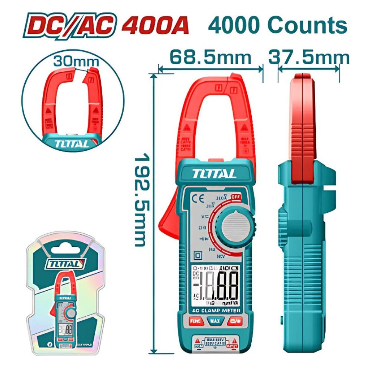 TOTAL TOOLS - PINZA AMPERIMETRICA DC/AC 400A 4000 CONTEOS TMT762002