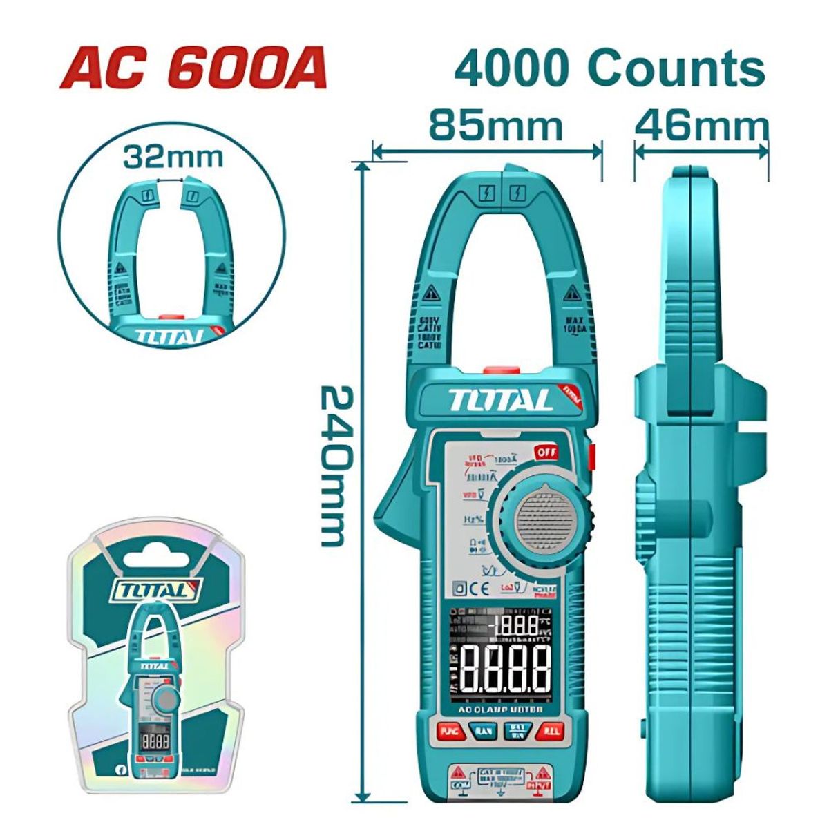 TOTAL TOOLS - Pinza Amperimétrica Ac 600a 4000 Conteos A:32mm TMT766001