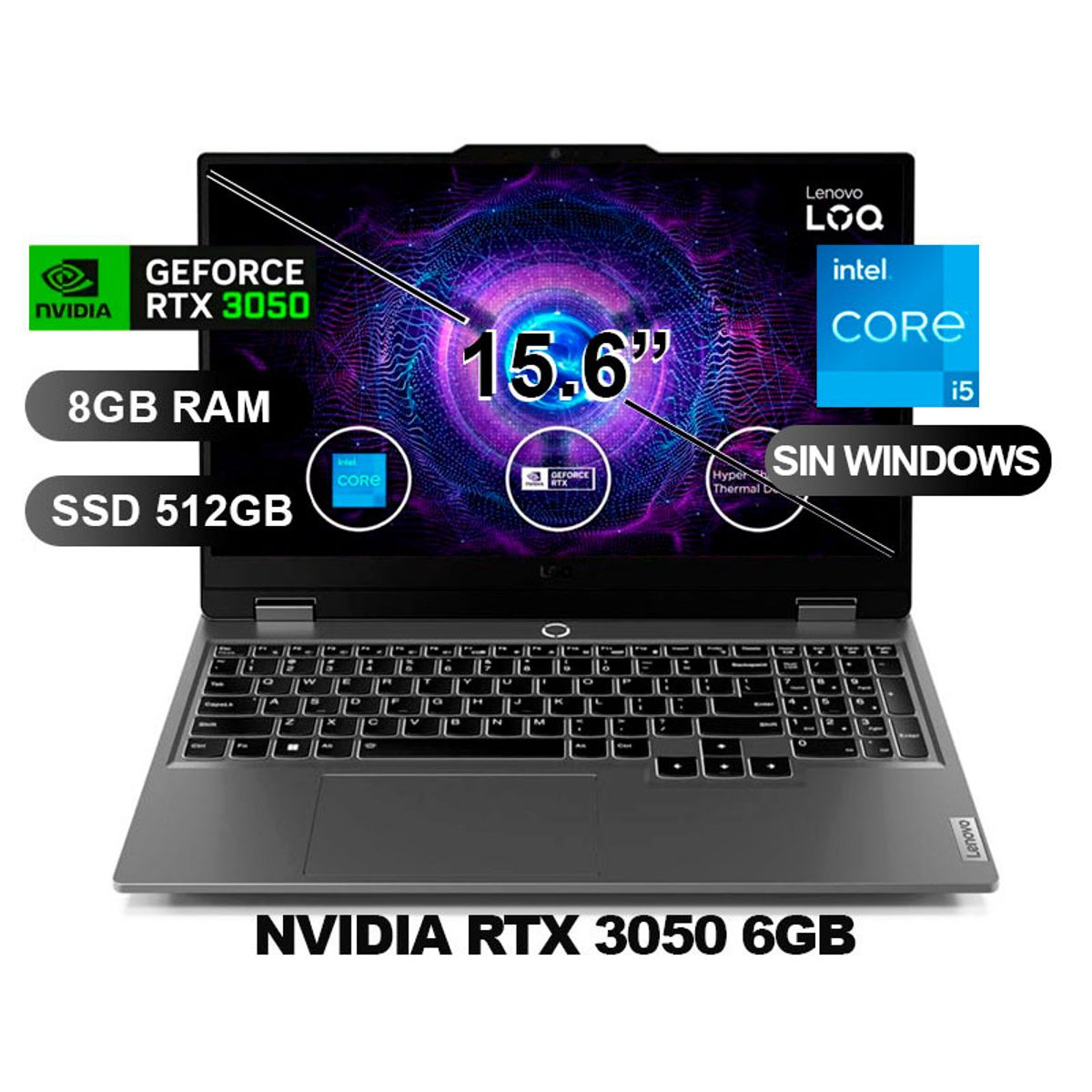 LENOVO - Laptop LENOVO LOQ 15IAX9 I5-12450HX RTX3050 8GB RAM 512GB SSD 156 SIN WINDOWS 83GS006WLM