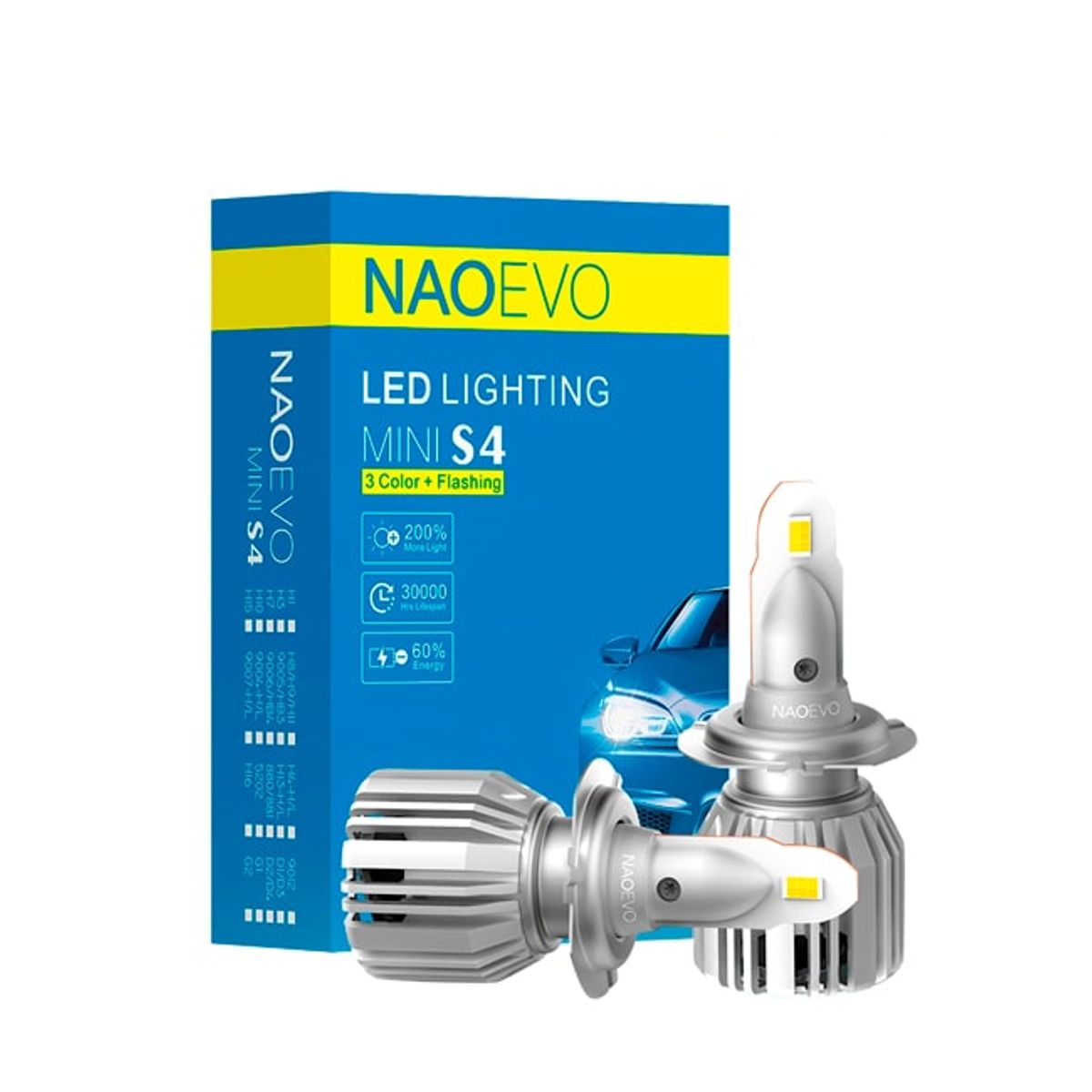 NAOEVO - Focos LED Serie S4 Base H7 Tricolor 9000LM NAOEVO