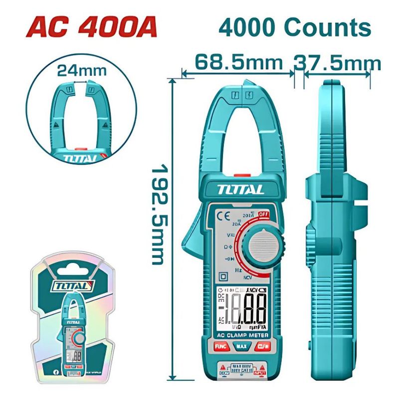 TOTAL TOOLS - PINZA AMPERIMETRICA AC 400A 4000 CONTEOS A:24MM TMT762001