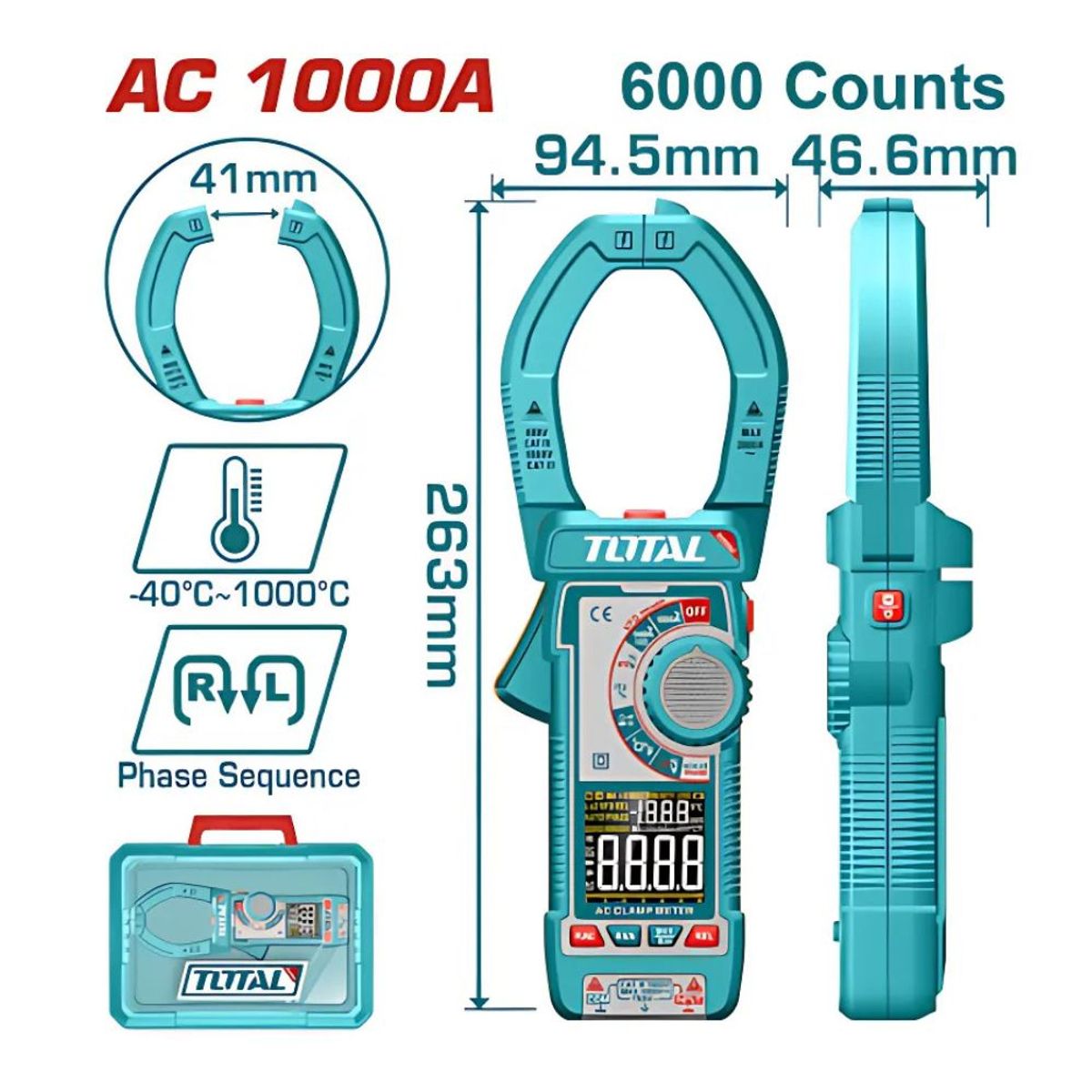 Total Tools - Pinza Amperimetrica Ac 1000a 6000 Conteos A:41mm TMT7610001