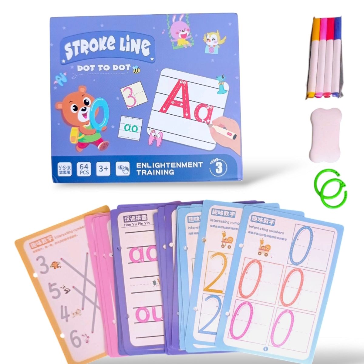 GENERICO - Libro de trazos reutilizable y divertido -  números, letras y sílabas para niños