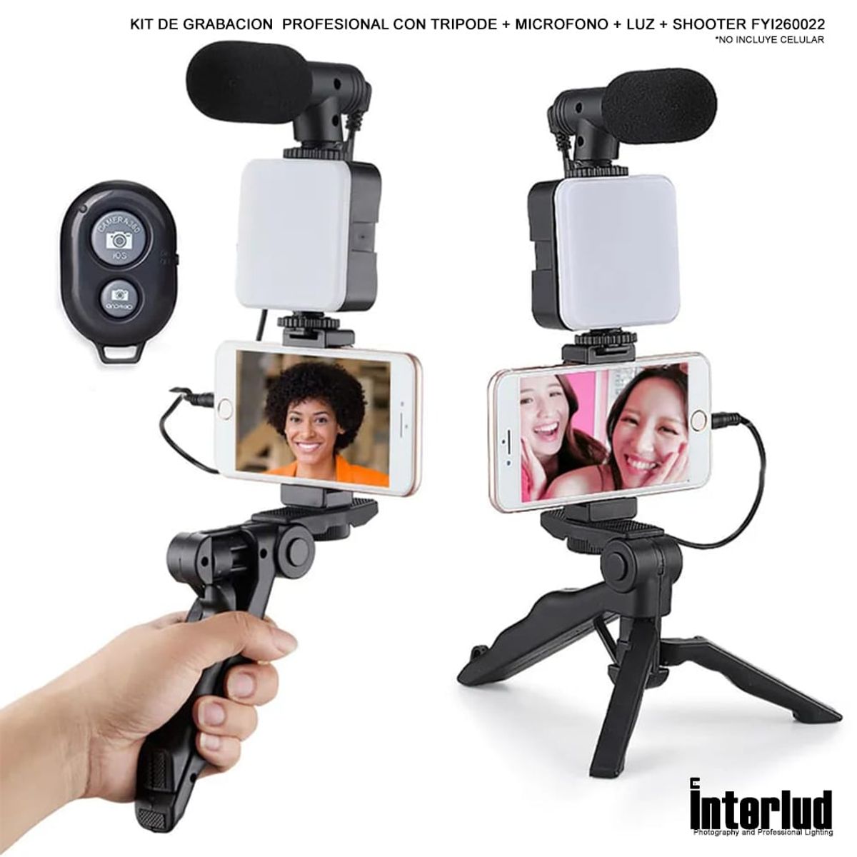 INTERLUD - Kit de grabacion profesional con tripode + microfono + luz + shooter FYI260022