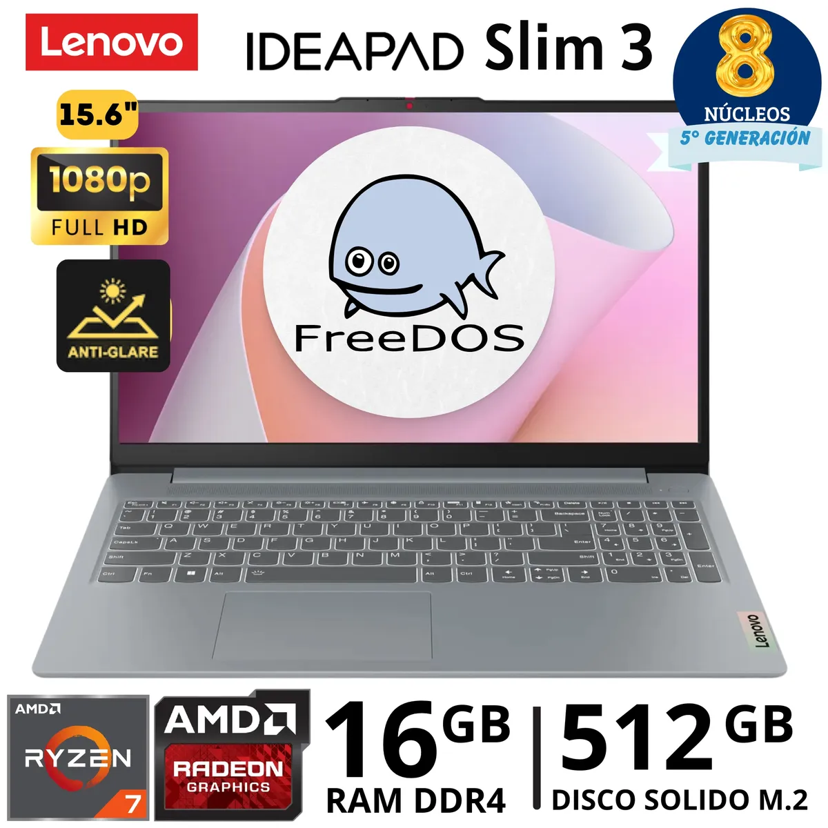LENOVO - Laptop Lenovo IdeaPad Slim 3 15ABR8 Ryzen 7 - 5825U, 15.6"FHD, Ram 16GB, SSD 512GB, FreeDos