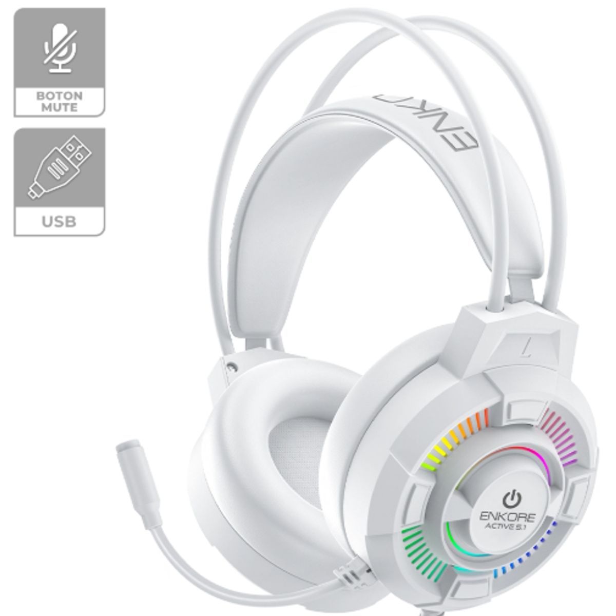 ENKORE - Audífonos Gamer ACTIVE 5.1 EKHG1004U-W USB RAINBOW C/MICRO ENKORE