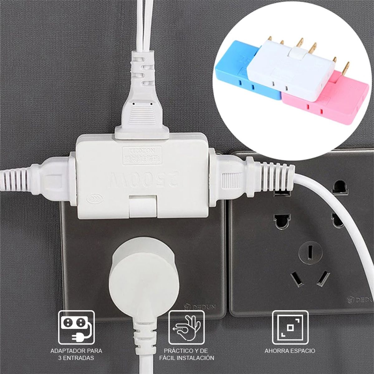 GENERICO - Enchufe Tomacorriente Múltiple Giratorio 3 Salidas