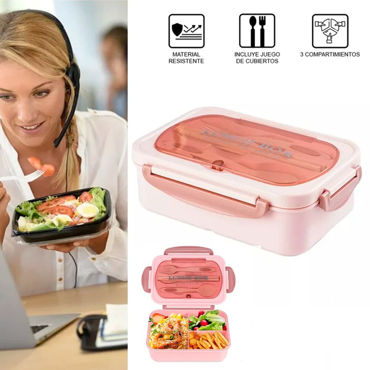 EASY&HOME - Lonchera Taper Portátil Hermética de Alimentos + Cubiertos Easy&Home Rosado