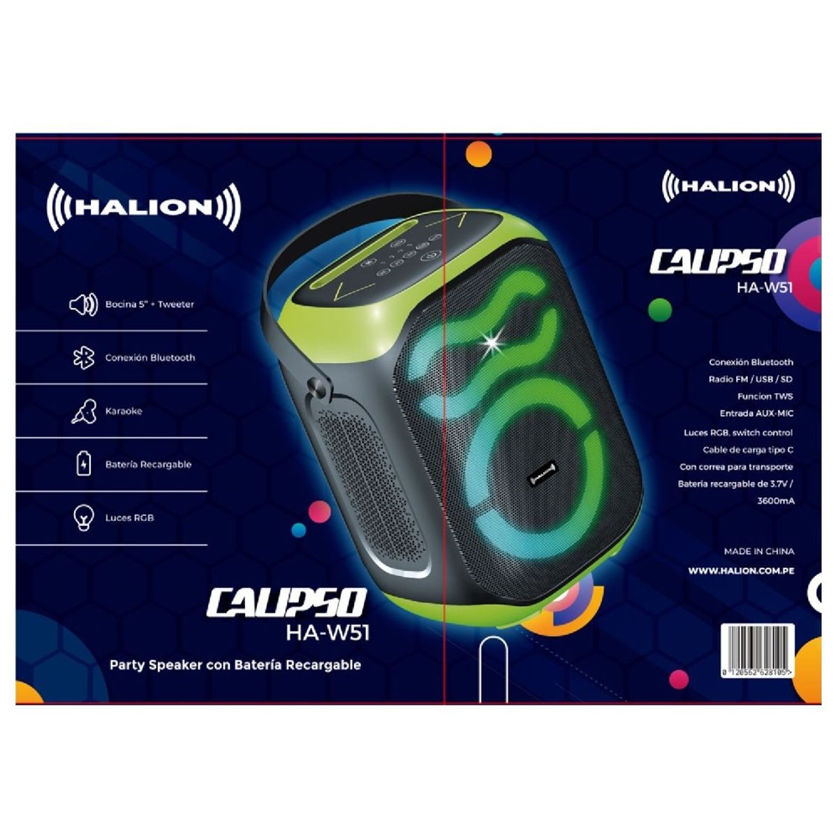 HALION - Parlante Portátil Halion CALIPSO HA-W51 USB BT RGB TWS