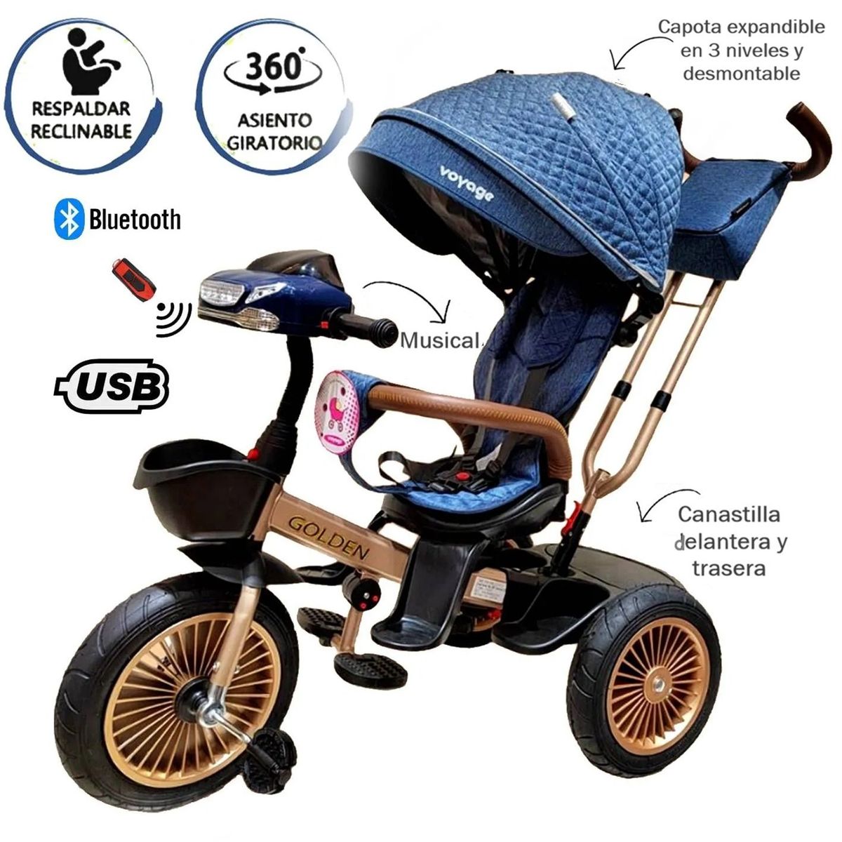 VOYAGE - Triciclo Golden Voyage Asiento Giratorio con Control Azul
