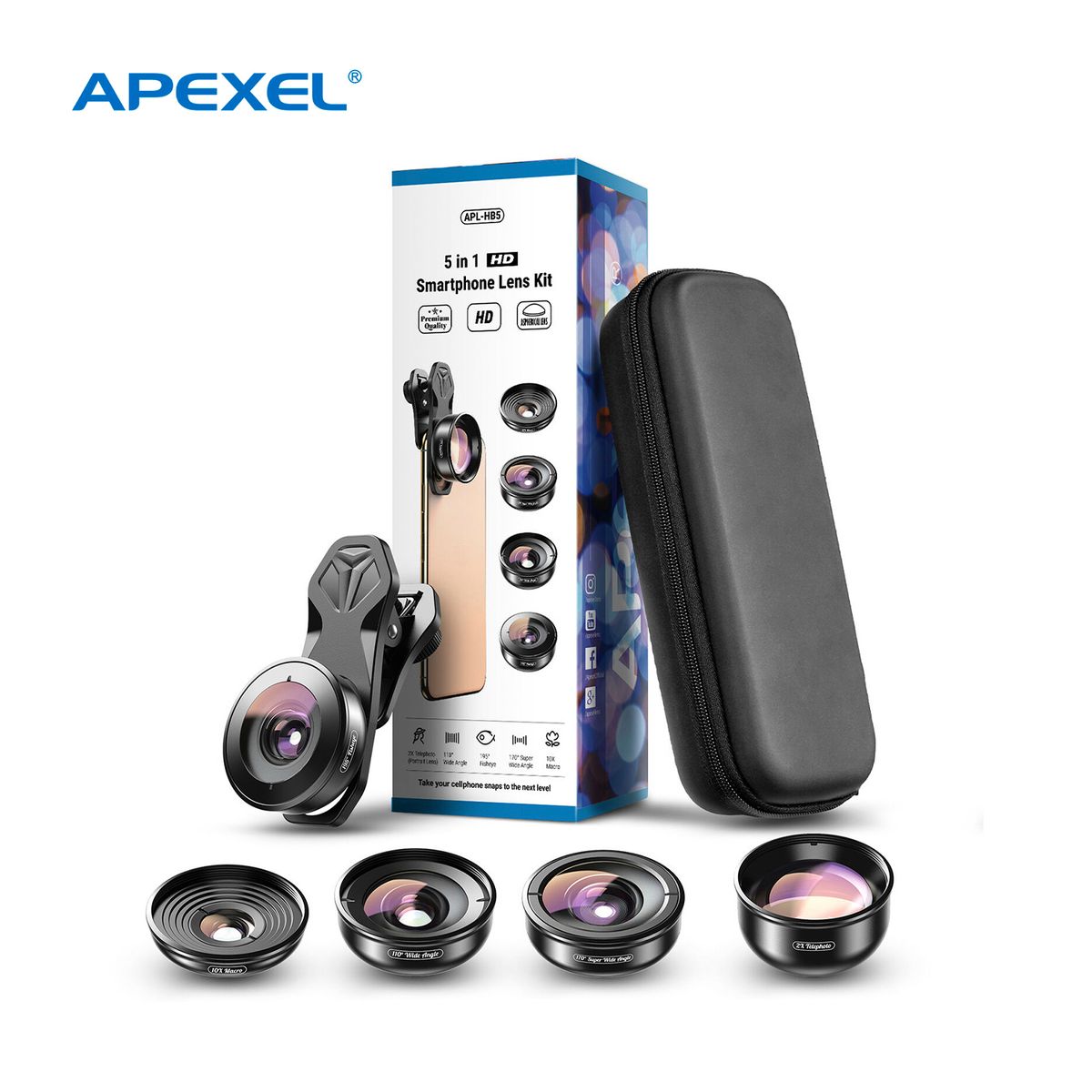 APEXEL - Kit De Lentes 5 En 1 Para Smartphone HB5-Negro