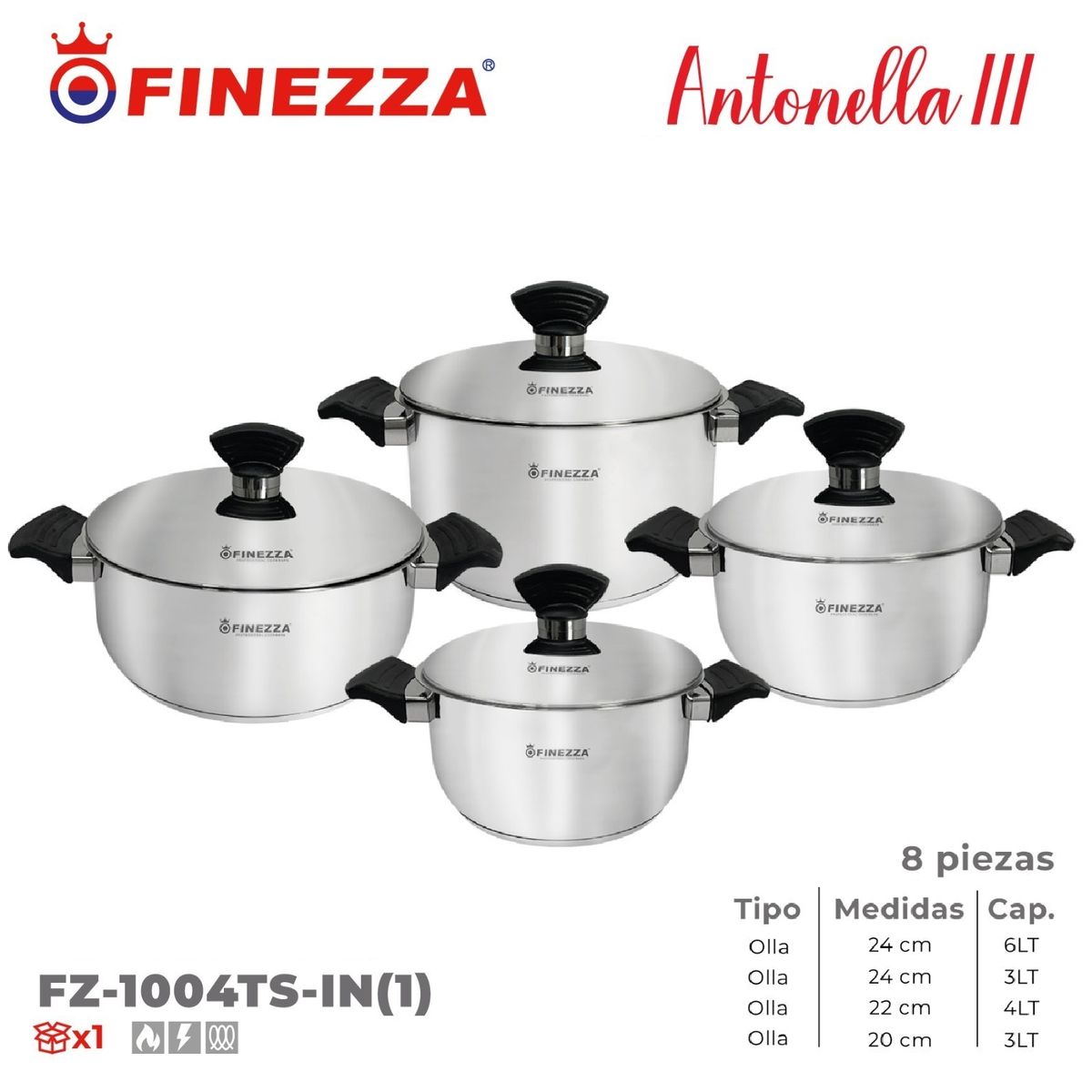 FINEZZA - Ollas de acero Inox Finezza Antonella Fz-1004ts-in1 8 Piezas