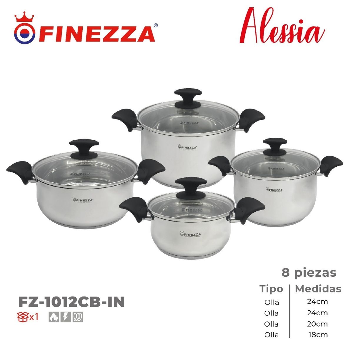 FINEZZA - Juego de Ollas 8 Piezas Acero inoxidable Alessia Fz-1012CB-IN