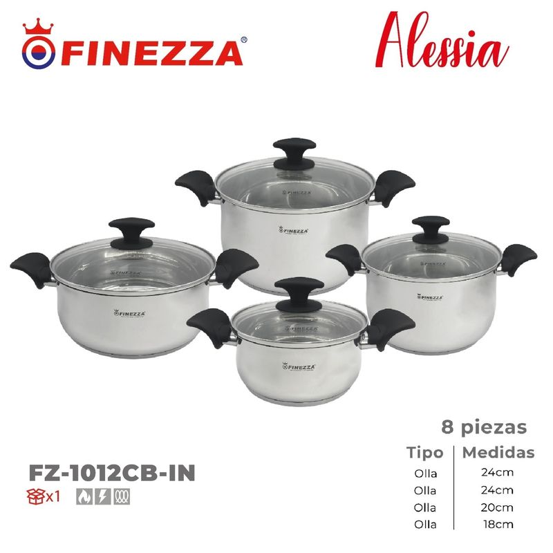 FINEZZA - Juego de Ollas 8 Piezas Acero inoxidable Alessia Fz-1012CB-IN