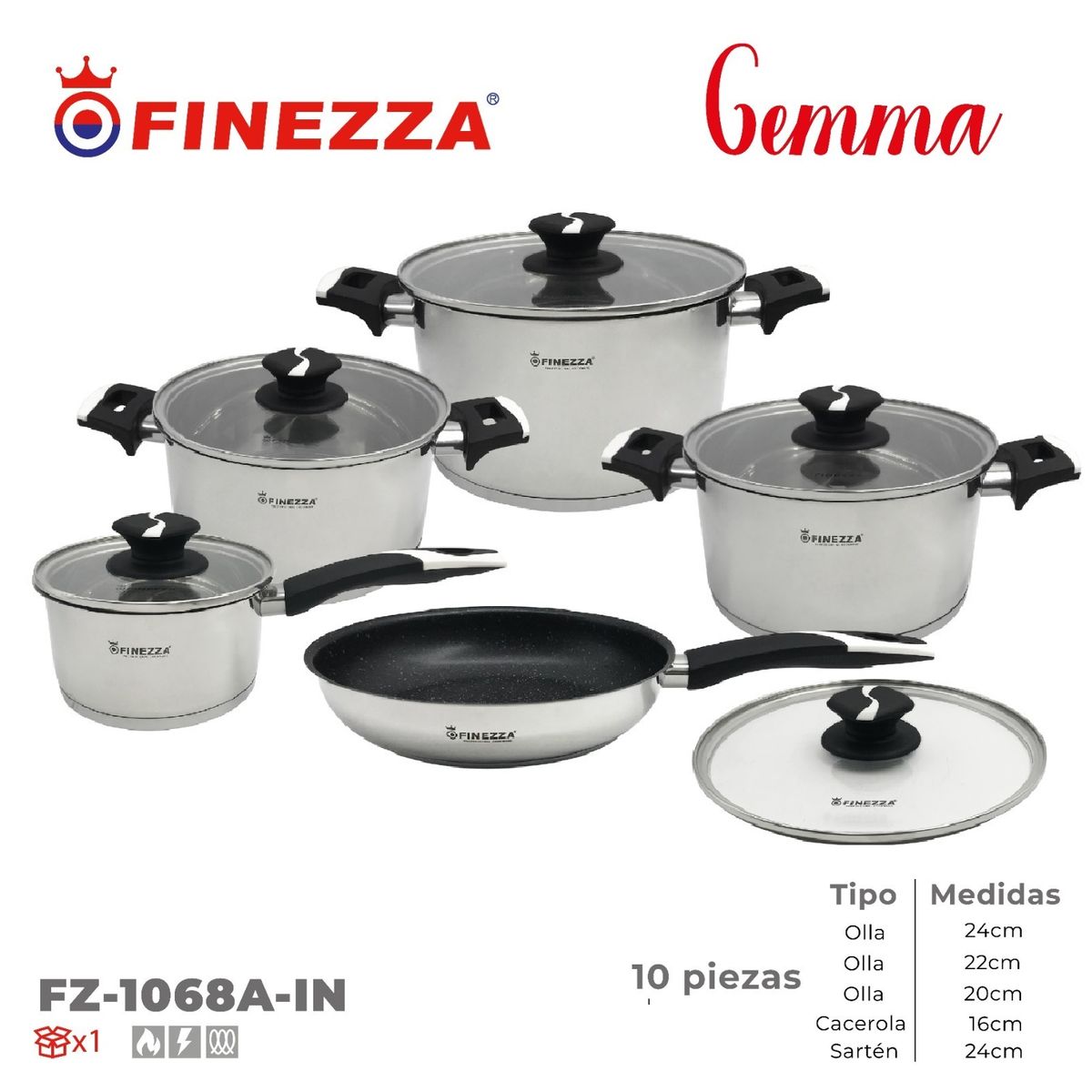 FINEZZA - Juego de Ollas 10 PIezas Acero Inoxidable Gemma FZ-1068A-IN