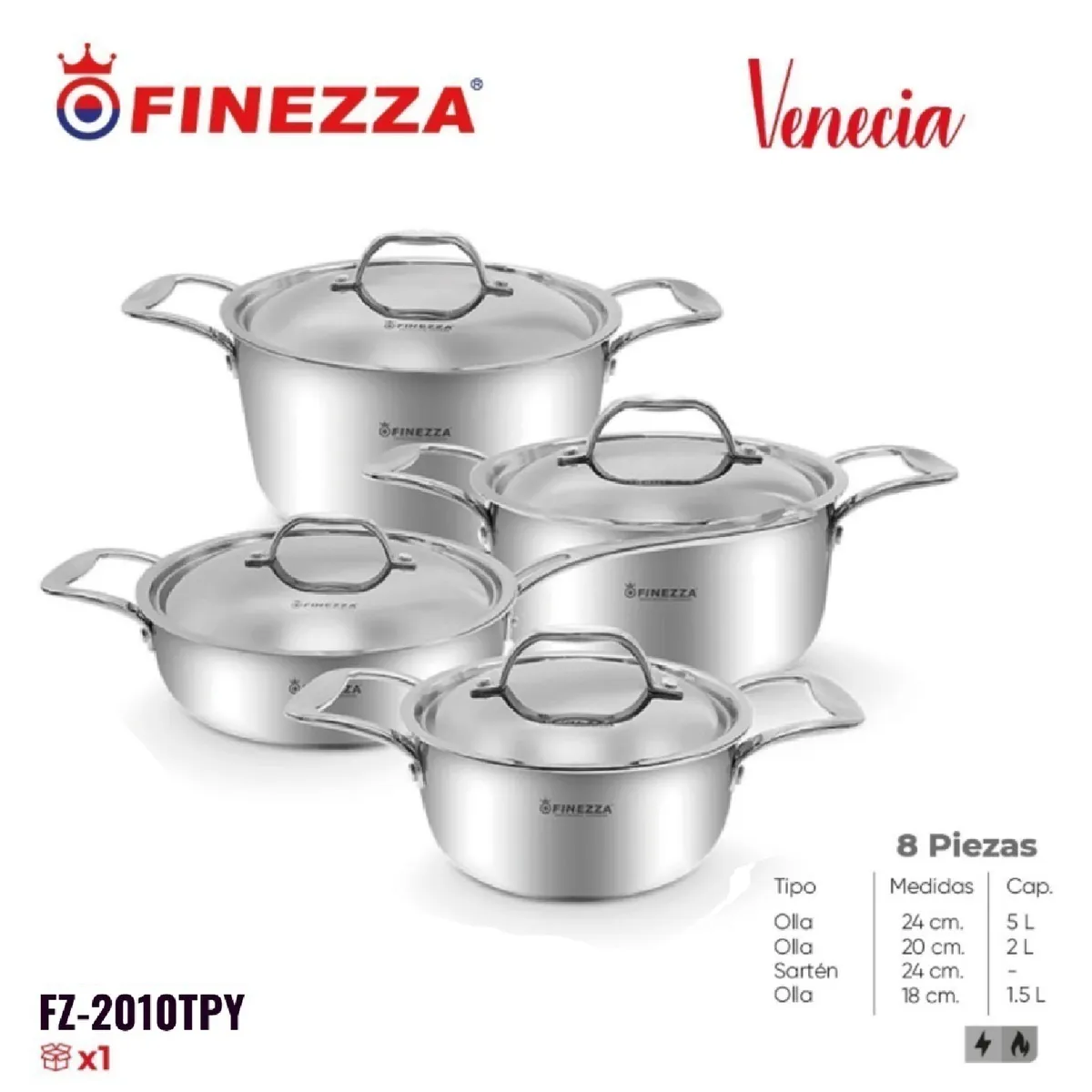 FINEZZA - Juego de Ollas de 8 Piezas Acero Inoxidable FZ-2010TPY